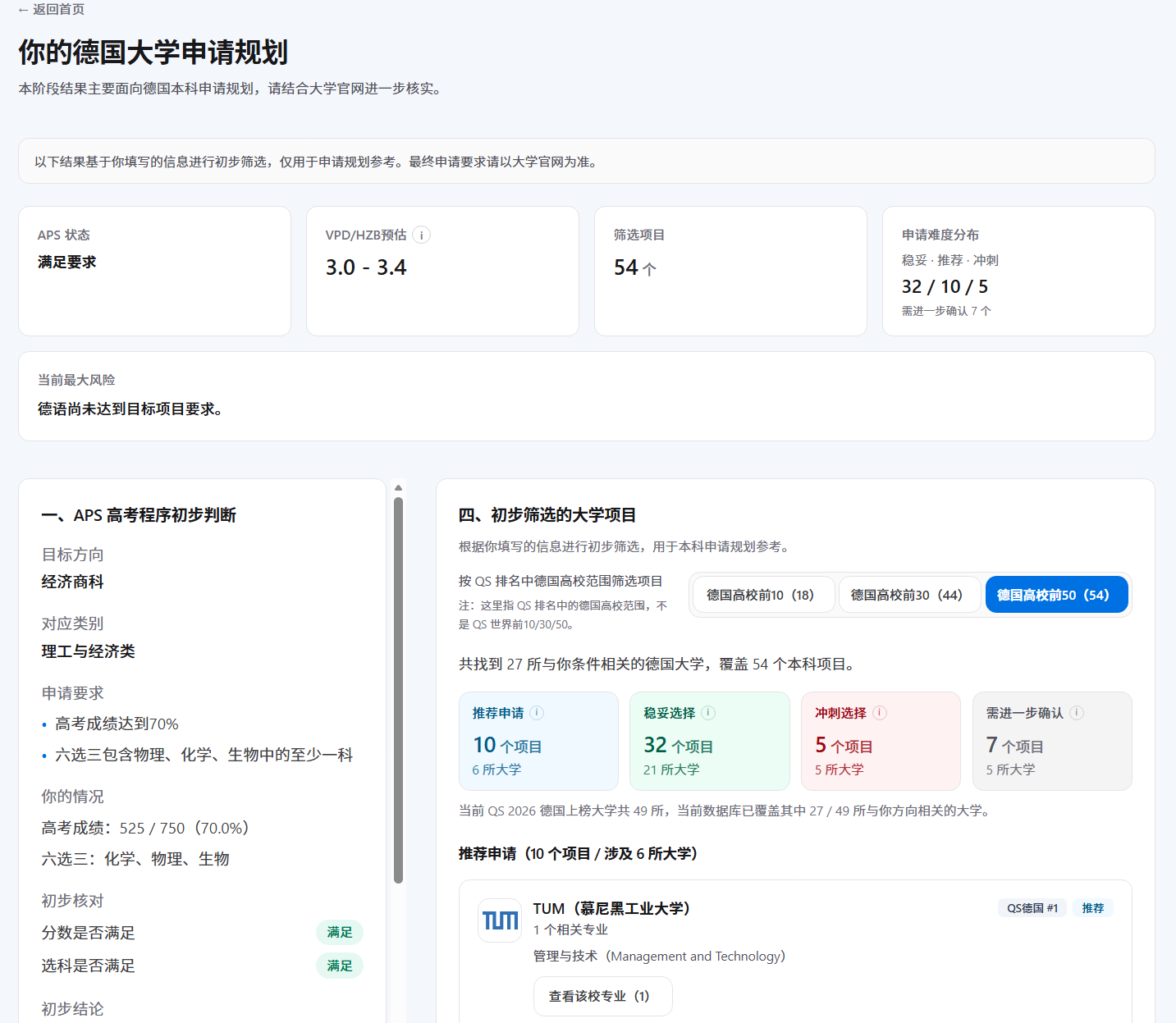 GermanUniPath 桌面端结果页示例截图